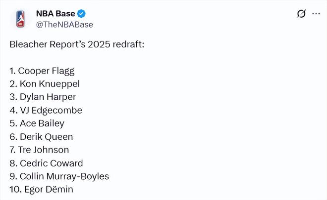 2025年NBA选秀重排：杨瀚森掉出首轮，开拓者或选